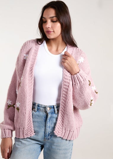 Blue Vanilla Pink Flower Embroidery Detailed Cardigan