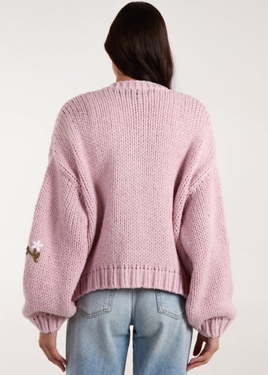 Blue Vanilla Pink Flower Embroidery Detailed Cardigan