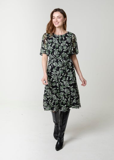 Blue Vanilla Black Floral Crew Neck Mesh Midi Dress