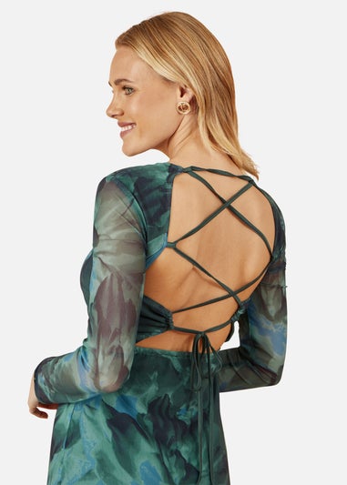 Yumi Green Floral Mesh Bodycon Dress With Tie Back