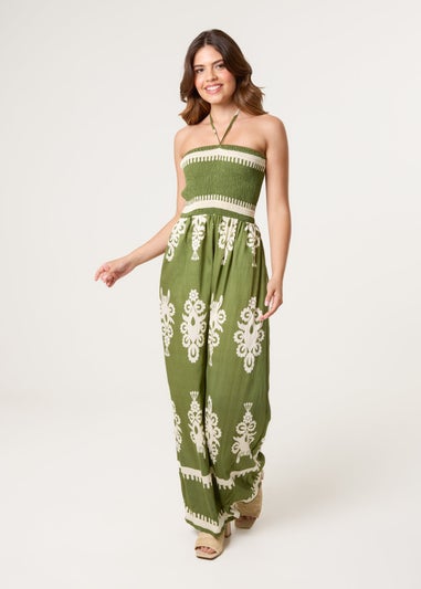 Blue Vanilla Khaki Strapless Shirred Waist Jumpsuit