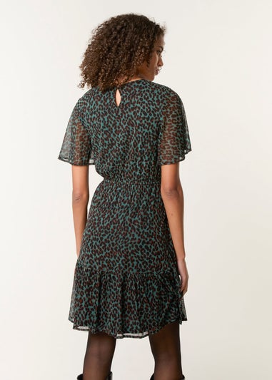 Blue Vanilla Green Leopard Print Mesh Crew Neck Mini Dress