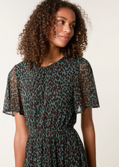 Blue Vanilla Green Leopard Print Mesh Crew Neck Mini Dress