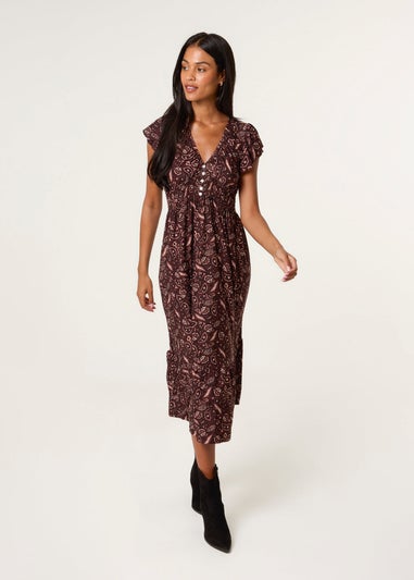 Blue Vanilla Brown V Neck Midi Dress With Button Front