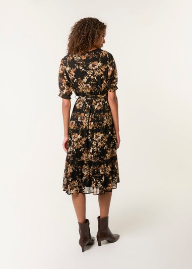 Blue Vanilla Brown Floral Mesh Wrap Front Tiered Midi Dress