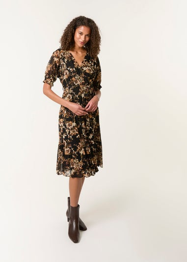 Blue Vanilla Brown Floral Mesh Wrap Front Tiered Midi Dress