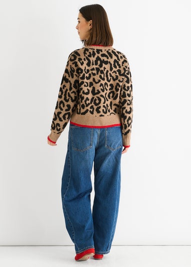 Gini London Camel Contrast Piping Animal Knit Jumper