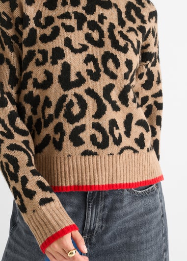 Gini London Camel Contrast Piping Animal Knit Jumper