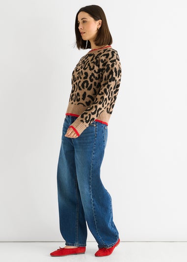 Gini London Camel Contrast Piping Animal Knit Jumper