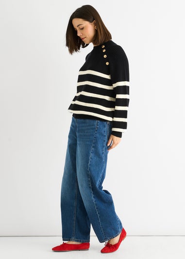 Gini London Black Stripe Cable Knit Button Oversized Jumper