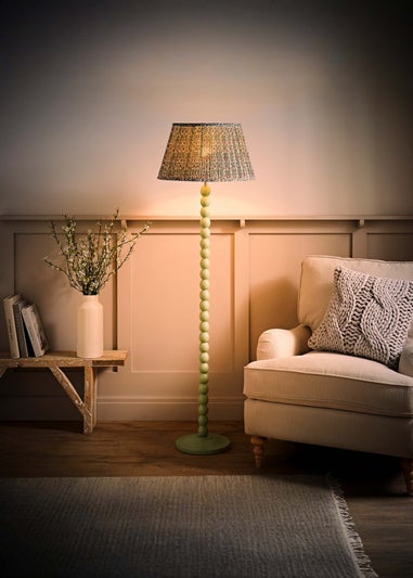 ValueLights Sage Green Bobbin Floor Lamp with Floral Pleated Lampshade
