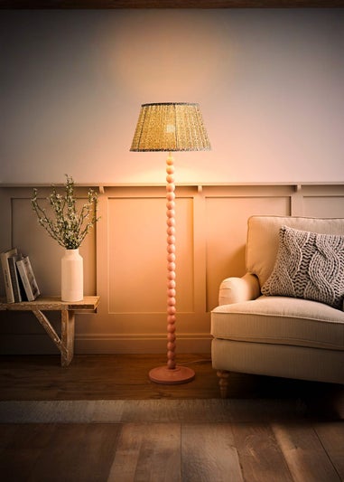 ValueLights Rose Pink Bobbin Floor Lamp with Floral Pleated Lampshade