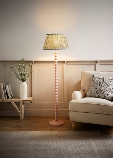 ValueLights Rose Pink Bobbin Floor Lamp with Floral Pleated Lampshade