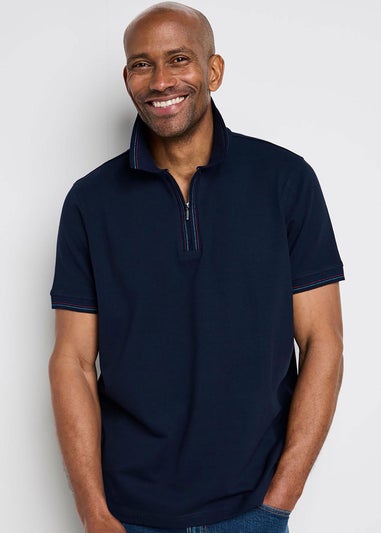 Cotton Traders Navy Help For Heros Short Sleeve Zip Neck Polo Shirt