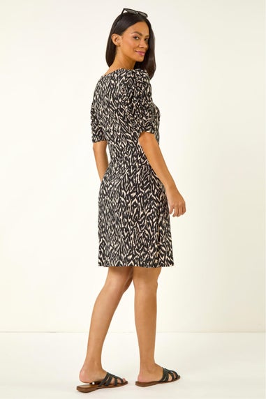 Dusk Black Abstract Print Front Ruched Dress