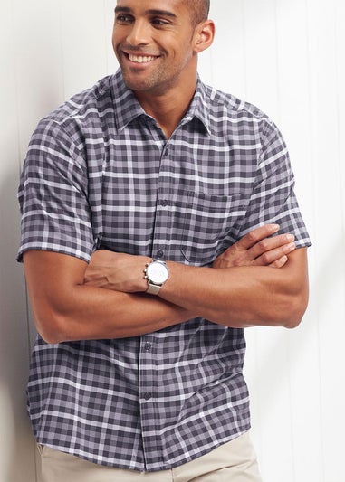 Cotton Traders Smoke Grey Short Sleeve Classic Soft Touch Patterned Shirt