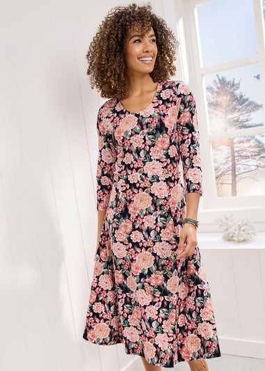 Cotton Traders Navy Essential Jersey Print Midi Dress