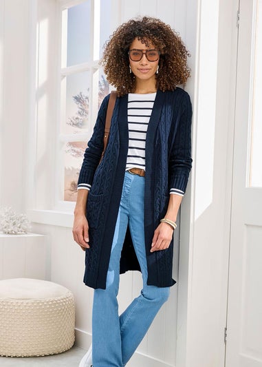 Cotton Traders Navy Longline Cotton Cable Cardigan