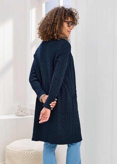 Cotton Traders Navy Longline Cotton Cable Cardigan