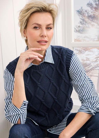 Cotton Traders Navy Cable Knitted Vest