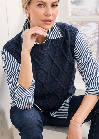 Cotton Traders Navy Cable Knitted Vest