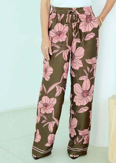 Cotton Traders Deep Khaki Print Wide Leg Pull On Trousers