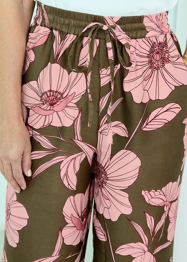 Cotton Traders Deep Khaki Print Wide Leg Pull On Trousers