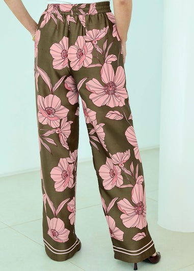 Cotton Traders Deep Khaki Print Wide Leg Pull On Trousers