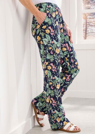 Cotton Traders Navy Pull-On Printed Crinkle Trousers