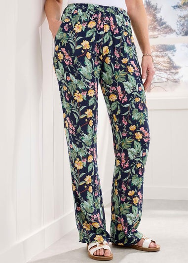 Cotton Traders Navy Pull-On Printed Crinkle Trousers
