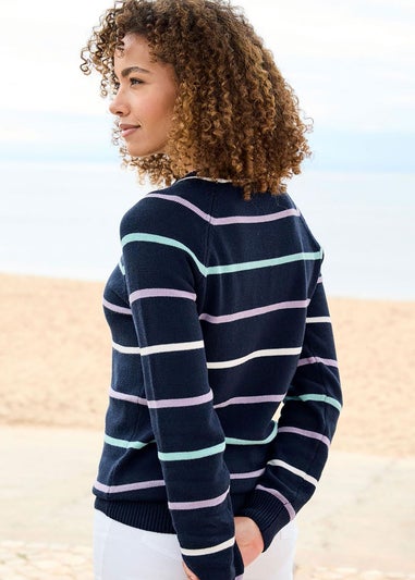 Cotton Traders Navy Stripe Cotton Crew Neck Jumper