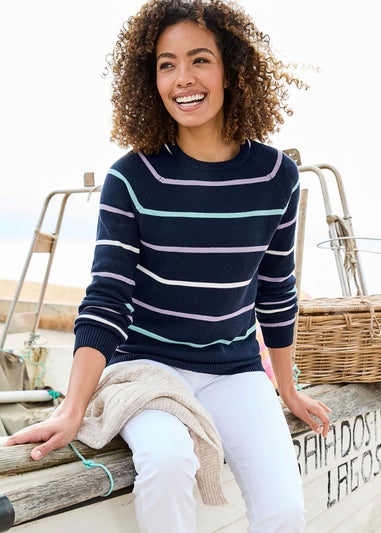 Cotton Traders Navy Stripe Cotton Crew Neck Jumper