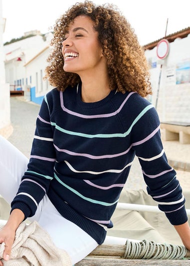 Cotton Traders Navy Stripe Cotton Crew Neck Jumper