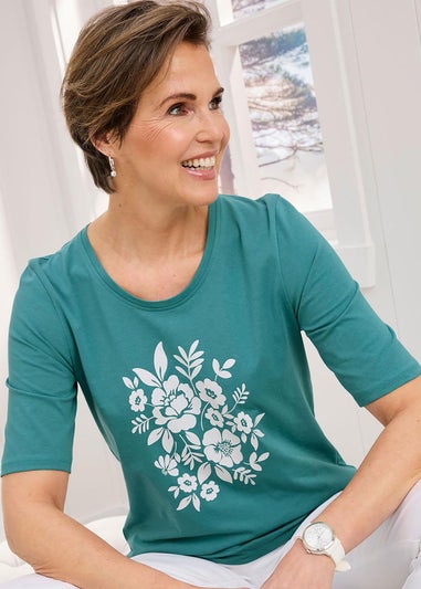 Cotton Traders Light Jade 1/2 Sleeve Printed Scoop Neck Top