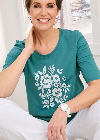 Cotton Traders Light Jade 1/2 Sleeve Printed Scoop Neck Top