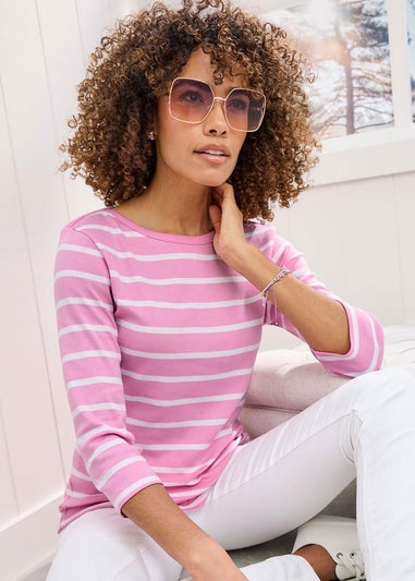 Cotton Traders Candy Pink Wrinkle Free 3/4 Sleeve Boat Neck Top