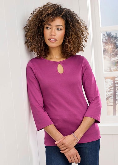 Cotton Traders Soft Plum Wrinkle Free 3/4 Sleeve Key Hole Neck Top