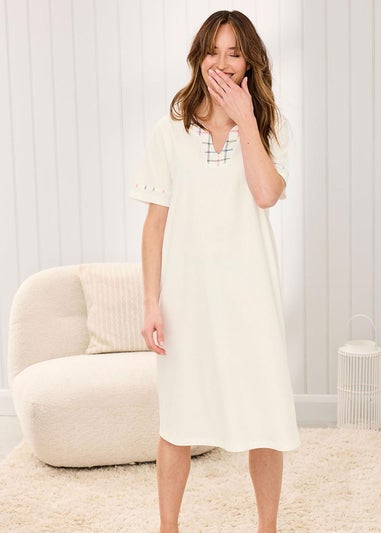 Cotton Traders Ivory Cotton V Neck Short Sleeve Nightdress
