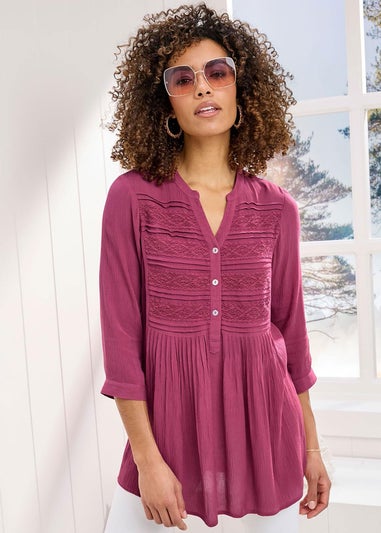 Cotton Traders Dark Rose Lace Trim Crinkle Tunic