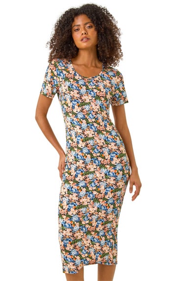 Dusk Blue Floral Print Stretch Midi Dress