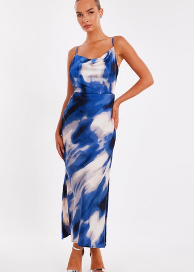 Quiz Blue Satin Marble Midaxi Dress