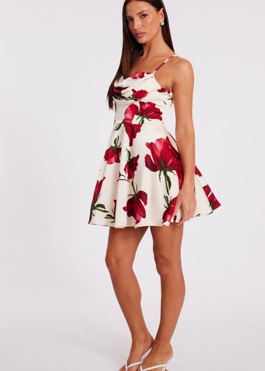 Quiz Cream Satin Rose Print Mini Dress