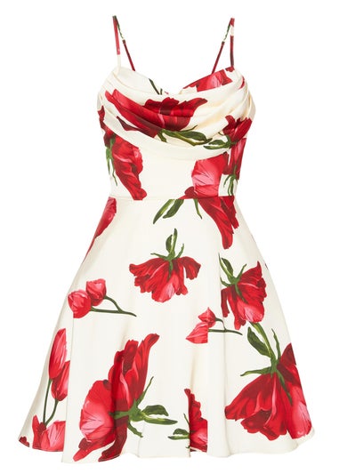 Quiz Cream Satin Rose Print Mini Dress
