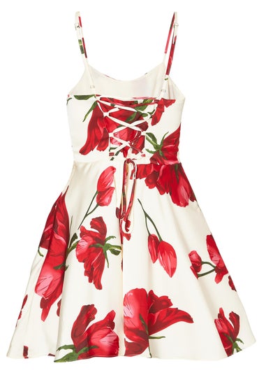 Quiz Cream Satin Rose Print Mini Dress