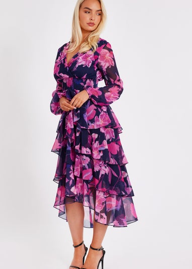 Quiz Navy Floral Dip Hem Midaxi Dress