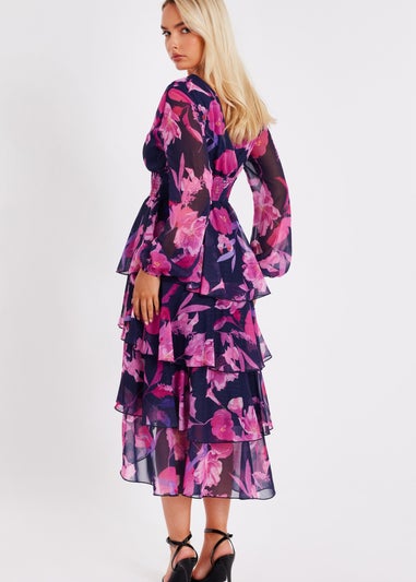Quiz Navy Floral Dip Hem Midaxi Dress