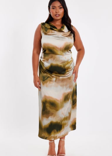 Quiz Khaki Curve Printed Satin Midaxi Dress