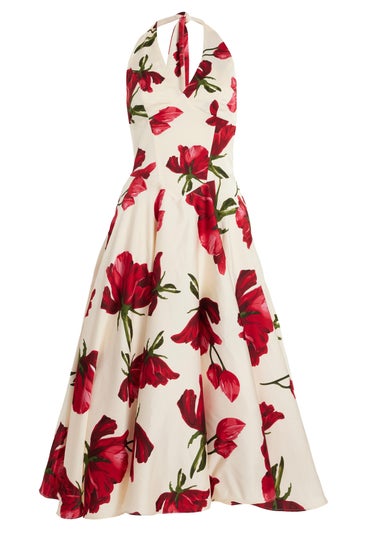 Quiz Cream Petite Satin Rose Print Midi Dress