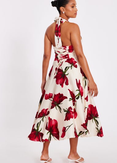 Quiz Cream Petite Satin Rose Print Midi Dress