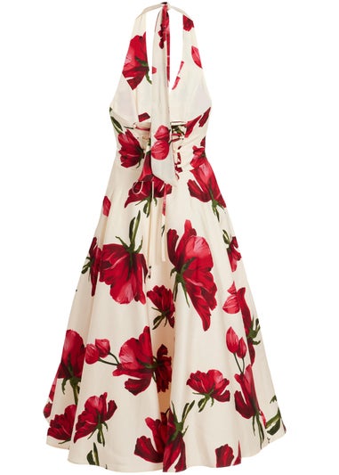 Quiz Cream Petite Satin Rose Print Midi Dress